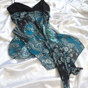 Vintage XOXO Y2K Paisley Handkerchief Hem Cami Top Teal Black Floral Medium